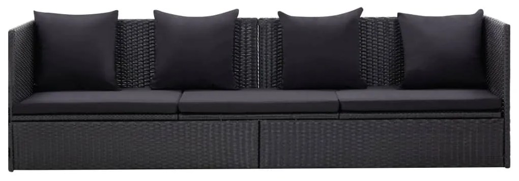 Fekete polyrattan kerti ágy ülő- és hátpárnával