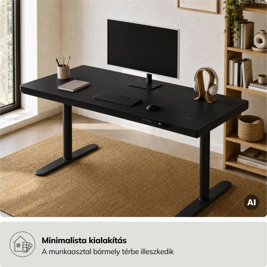 Elektromos ülő-álló íróasztal fiókkal és Qi vezeték nélküli töltővel fekete, 1400 mm: ELLIS