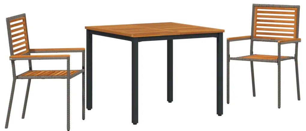 3 darabos Kerti Étkezősor Szürke Poli Rattan Akáccal, Összerakható Kerti Székek Párnákkal 2 db Szürke Poli Rattan, Kerti Asztal 90x90x75 cm Tömör Akácfa és Fém