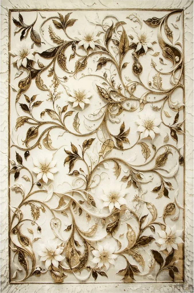 200x290 cm Sűrű Csillogó Virágos Szőnyeg Márvány Szürke Barna Krém