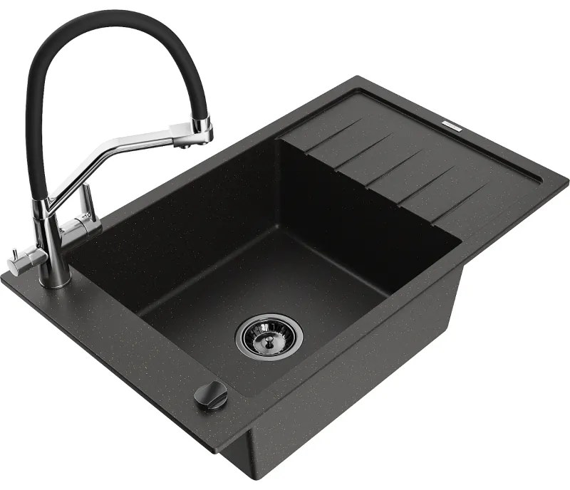 Mexen Elias egymedencés gránit mosogató csepegtetővel és Duo konyhai csapteleppel, fekete/arany metál - 6511-75-671701-07-B