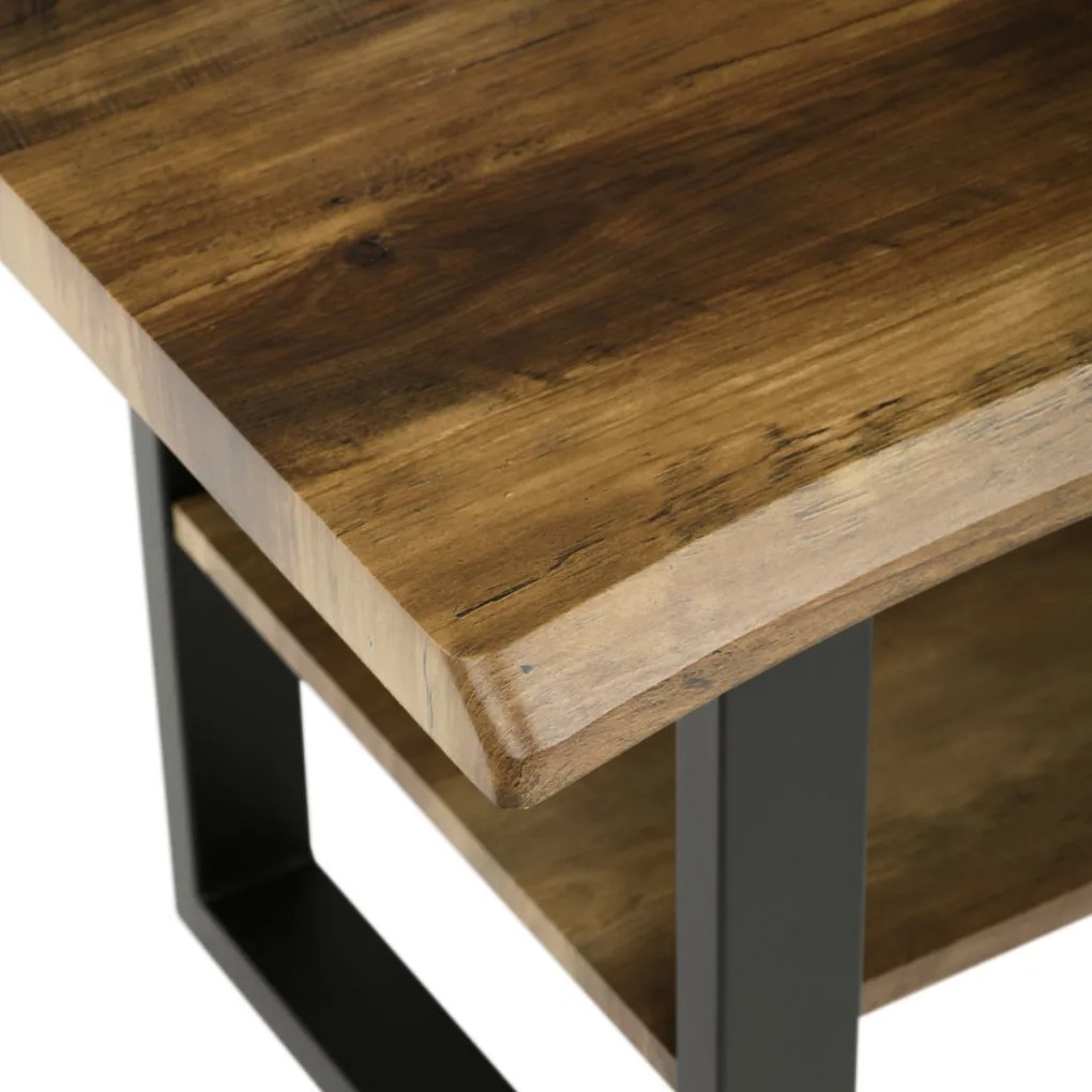 Măsuță de cafea 120x60x55 cm, placă MDF, decor lemn învechit, metal, poliță, picioare negre