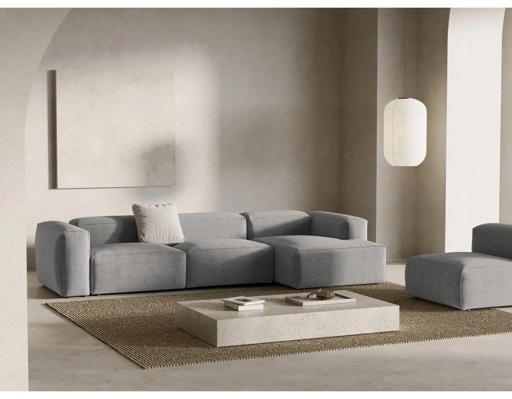 Világosszürke kordbársony sarokkanapé (jobb oldali-heverő résszel) Bergamo – Cosmopolitan Design