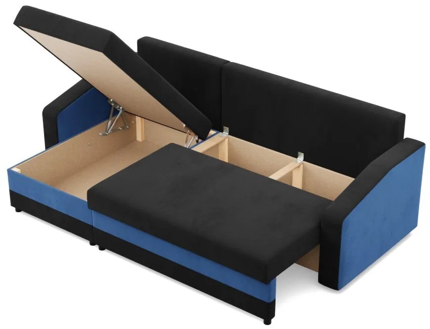 Hewlet sarokkanapé, 2 ágyneműtartóval, szövet anyag, univerzális oldal, bonell töltet, fekete - kék