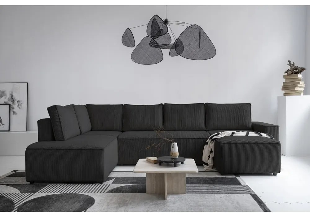 Antracitszürke kordbársony kinyitható sarokkanapé (bal oldali-U alakú) Brave Dave – Miuform