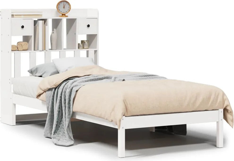 vidaXL fehér tömör fenyőfa könyvespolcos ágy matrac nélkül 75 x 190 cm