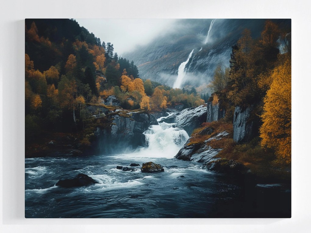 Vászonkép Canvas Tájkép Ősz Erdő Hegyek Sziklák Vízesés Folyó 80x60