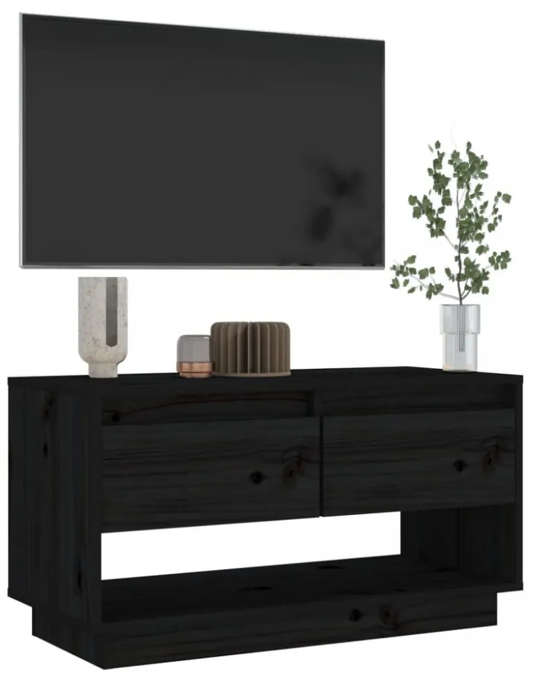 fekete tömör fenyőfa TV-szekrény 74x34x40 cm