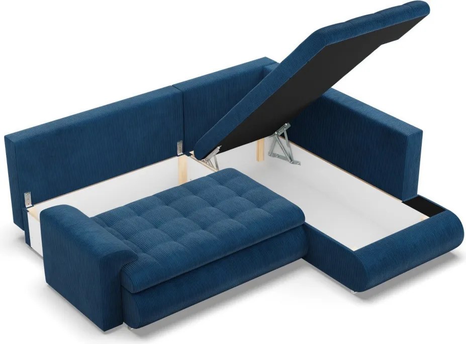 Tokio sarokkanapé, L alakú háttámlával, 2 ágyneműtartóval, kordbársony, jobboldali, kék