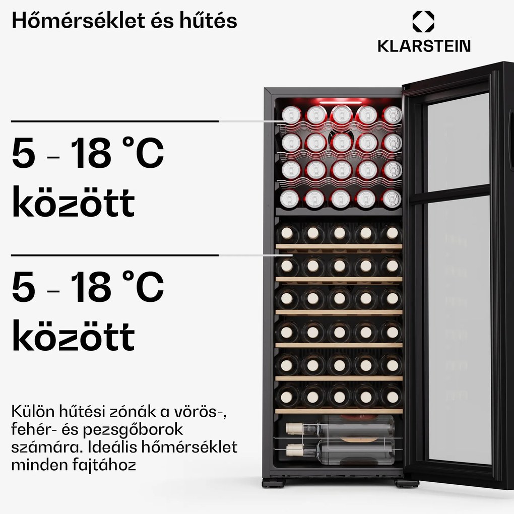 Klarstein Bovella 55 Duo+ borhűtő, 2 az 1-ben, 55 palack, 2 zóna, 9 polc, Érintéses vezérlés
