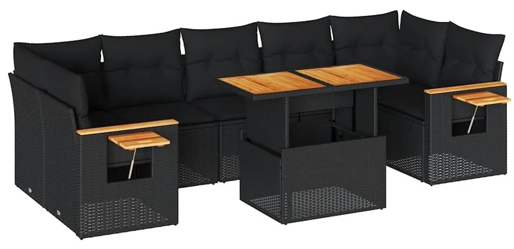 8 részes fekete polyrattan akácfa kerti ülőgarnitúra párnákkal
