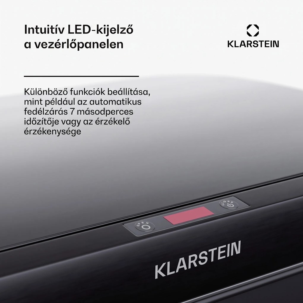Klarstein Touchless, szenzoros szemétkosár, 60 l, rozsdamentes acélból, Soft-Close záródás, elemmel működő, LED kijelző, időzítő