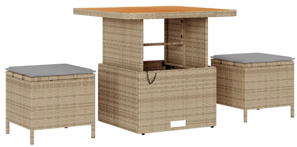 12 Darabos Kert Sofa Készlet Párnákkal Bézs Poli Rattan Akácia, 3 Darabos Kert Étkező Készlet Párnákkal Bézs Poli Rattan Akácia