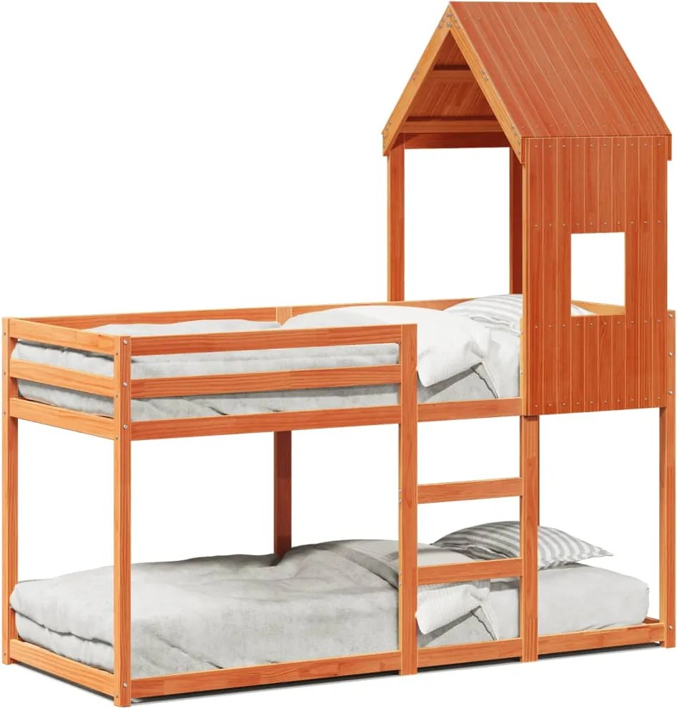 vidaXL viaszbarna tömör fenyőfa ágy emelettel és tetővel 80 x 200 cm