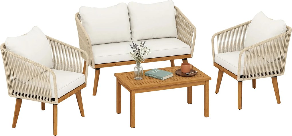 Outsunny 4 részes rattan lounge szett – kétszemélyes kanapé, 2 fotel, akác dohányzóasztal | Aosom