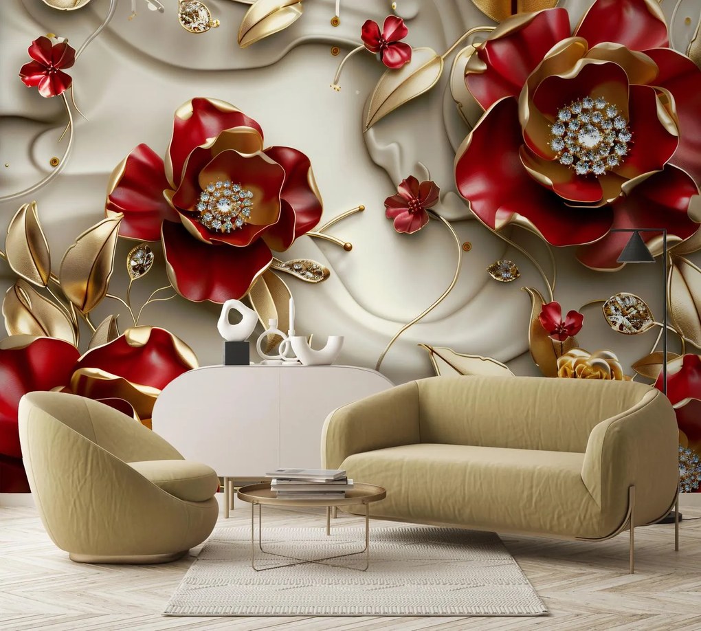 Fotótapéta - 3D piros-arany virágok (147x102 cm)