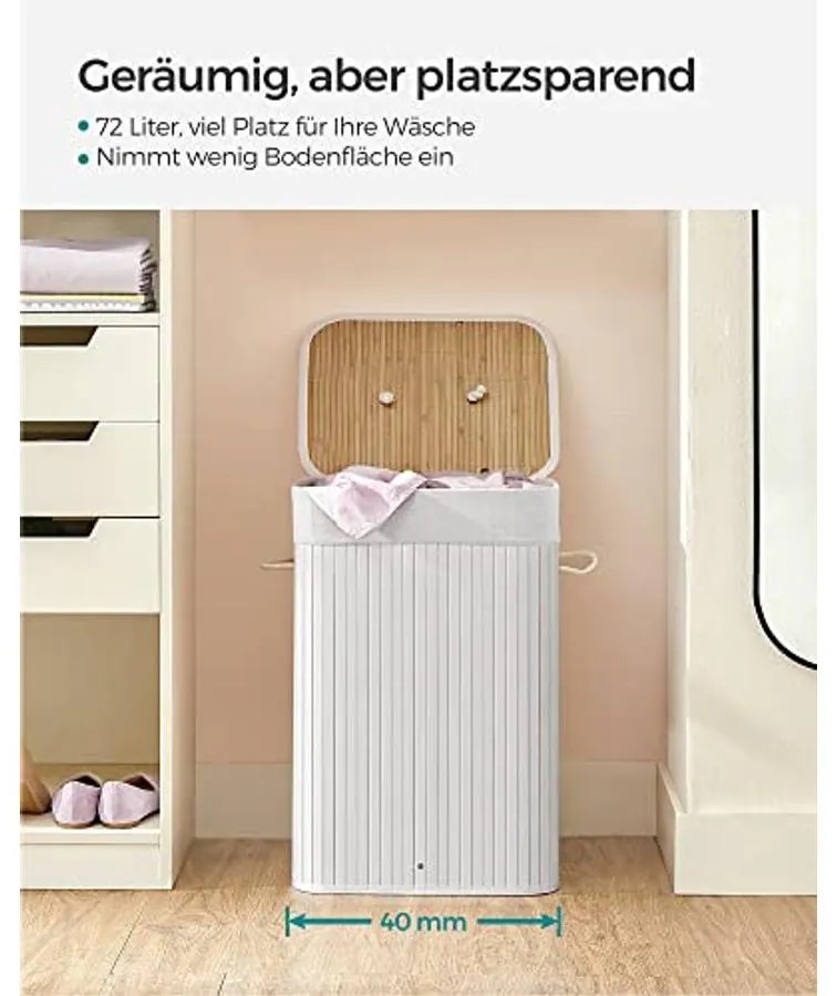 Bambusz szennyeskosár, 72L, összecsukható, téglalap alakú tárolókosár 3 fogantyúval, 40 × 30 × 60 cm, fehér