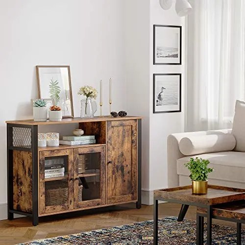 Komód három ajtóval és nyitott polcokkal, rusztikus barna 110x33x75cm