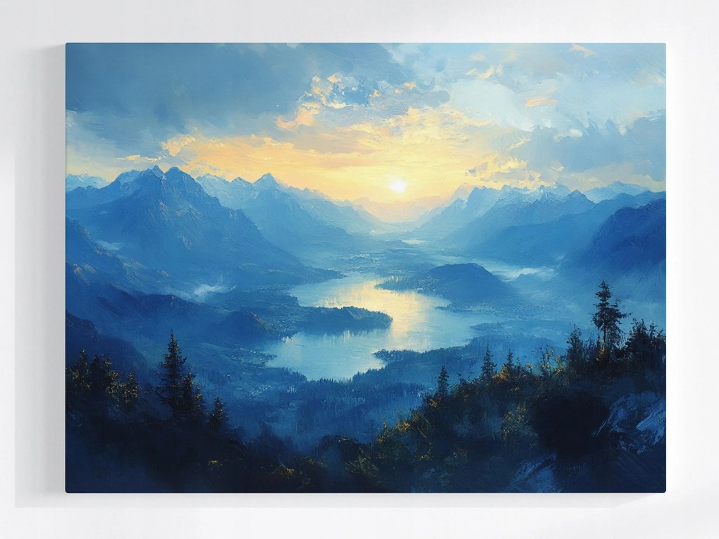 Poszter Tájkép Hegyek Csúcsok Fjord Tó Nap 80x60