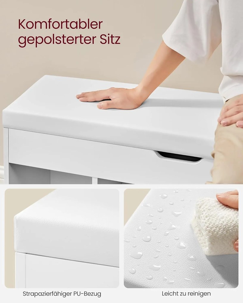 Cipős pad párnával, tárolópad párnázott ülőfelülettel, 3 rekeszes, fehér