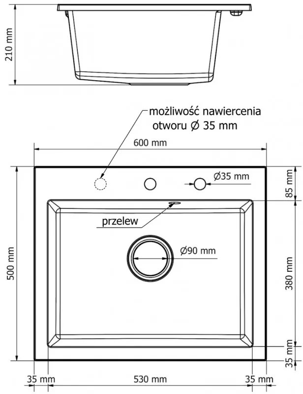 Mexen Elix, 1 tálos gránit mosogató 600 x 500 mm, bézs, fekete szifon, 6525601005-69-B