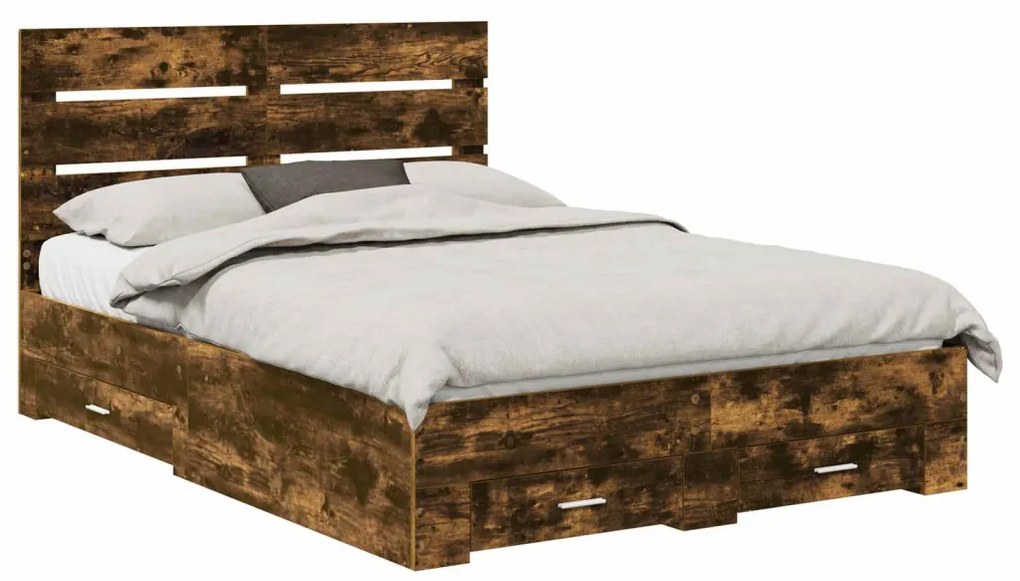 vidaXL Ágykeret fiókkal fejtámlával Füstölt tölgy 140 x 200 cm Faanyag