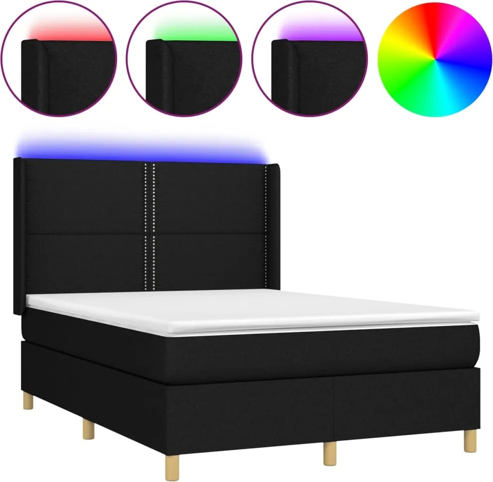 vidaXL fekete szövet rugós és LED-es ágy matraccal 140x200 cm