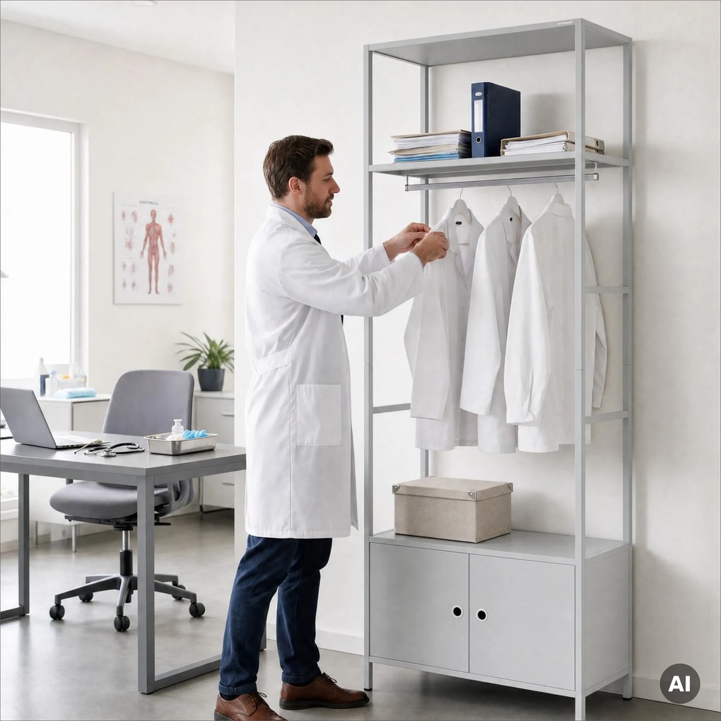 Irodai polc nyitott ruhaakasztó rúddal, recepcióra és váróterembe, fém, szürke, 800x2200x400 mm: ARIEL