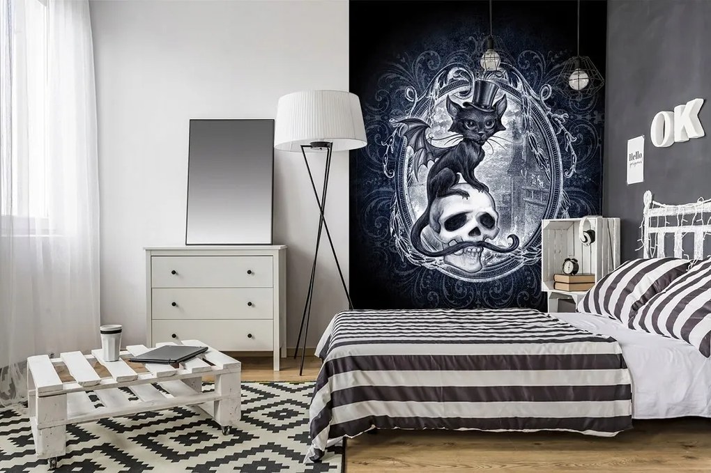 Flizelin fotótapéta 206x275 Állatok Macska a kalapban a koponyán +ragasztó