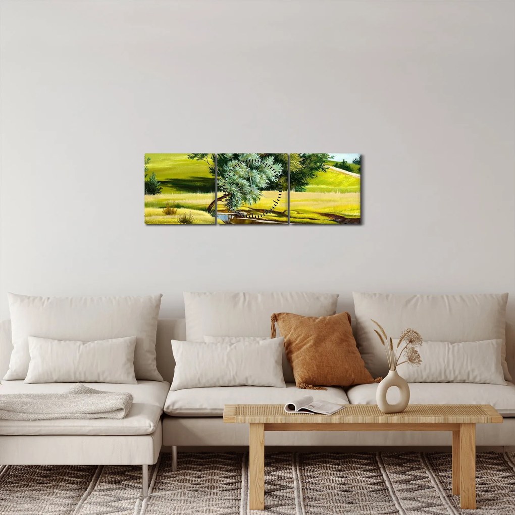 Kép - folyó a rétek között,, olajfestmény (órával) (90x30 cm)
