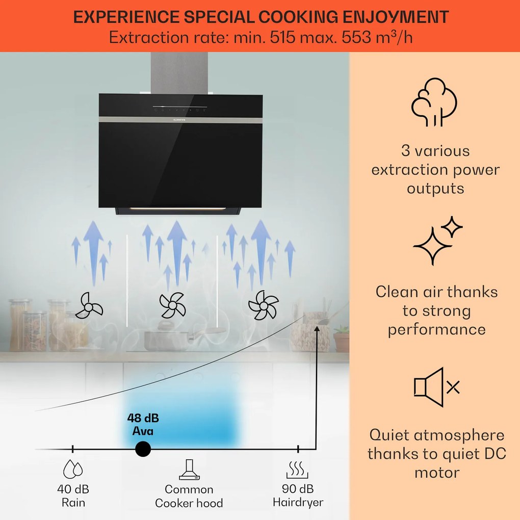 Klarstein Ava 60 Smart, páraelszívó, 60cm, falra szerelhető, WiFi, A++, 515m³/ó, érintőképernyő