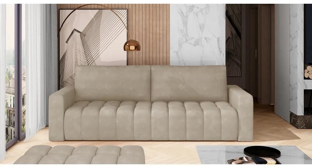 Bézs bársony kinyitható-tárolóhelyes kanapé 247 cm Lazaro – ELTAP