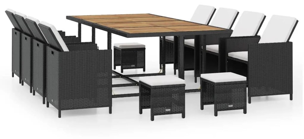 vidaXL 13 darabos fekete kültéri polyrattan és akácfa étkezőszett
