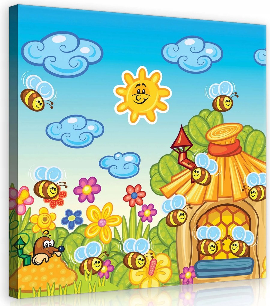 Vászonkép 80x80 Vidám méhecskék a Napkertben Illusztráció gyerekeknek