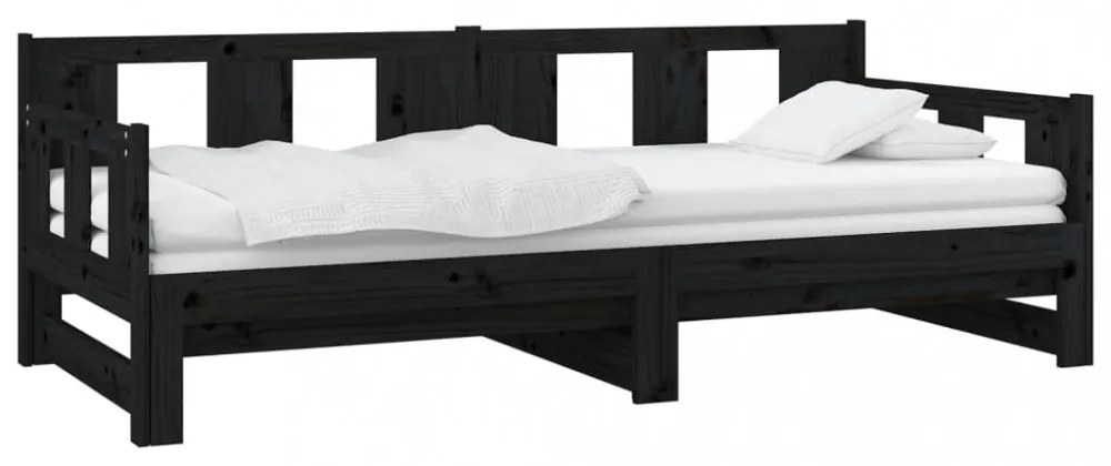 fekete tömör fenyőfa kihúzható kanapéágy 2 x (80 x 200) cm