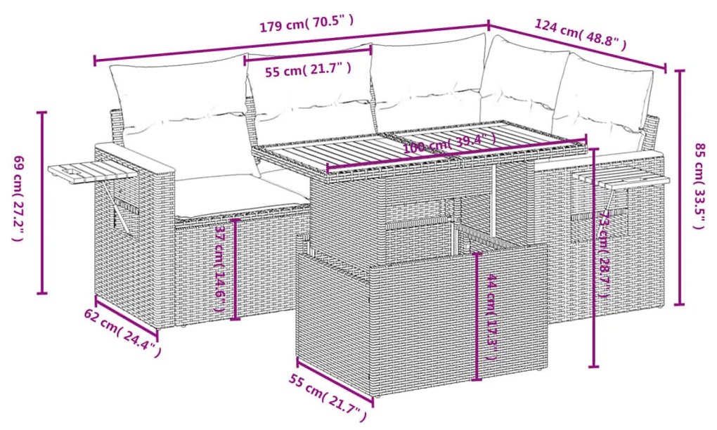 5 részes szürke polyrattan kerti ülőgarnitúra párnákkal