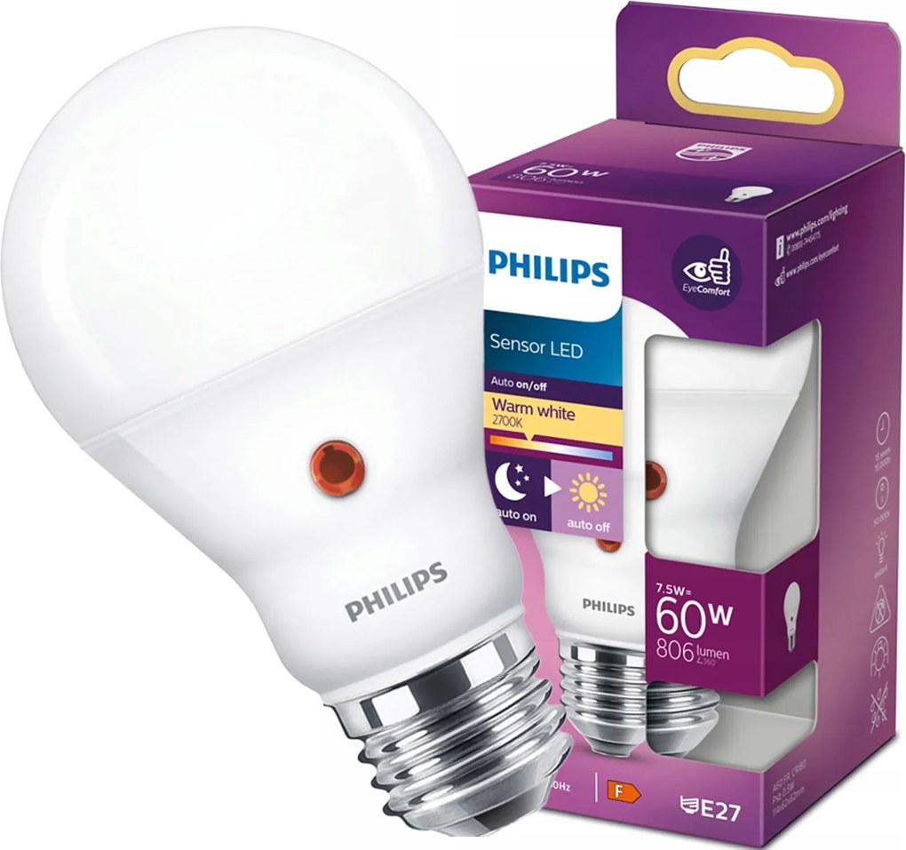 Led izzó E27 A60 7.5W 60W 806lm 2700K Meleg alkonyérzékelő Philips
