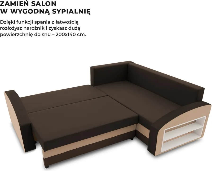 Grande sarokkanapé polcokkal , polc a jobb karfaban, jobboldali, szövet anyag, hab töltet, barna