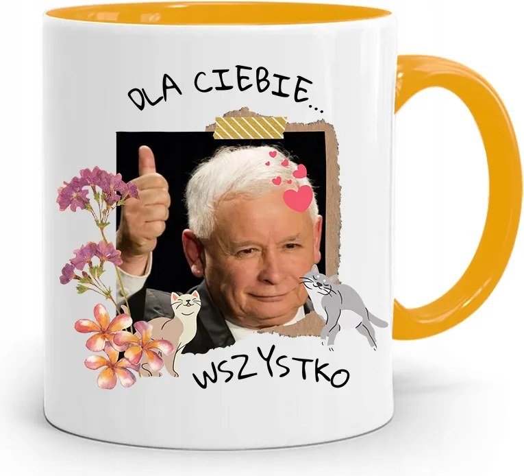 Sárga Vicces Bögre Jaroslaw Kaczynski felirattal, fényképpel