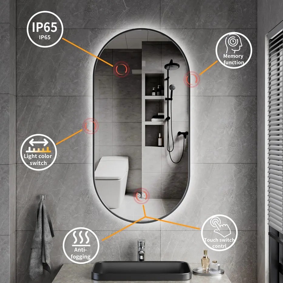 Erga Freya, ovális LED tükör 50x100cm fekete fém keretben, 3 világos szín, háttérvilágítás, páramentes fűtőpárna, ERG-V01-FREYA-5010-BK