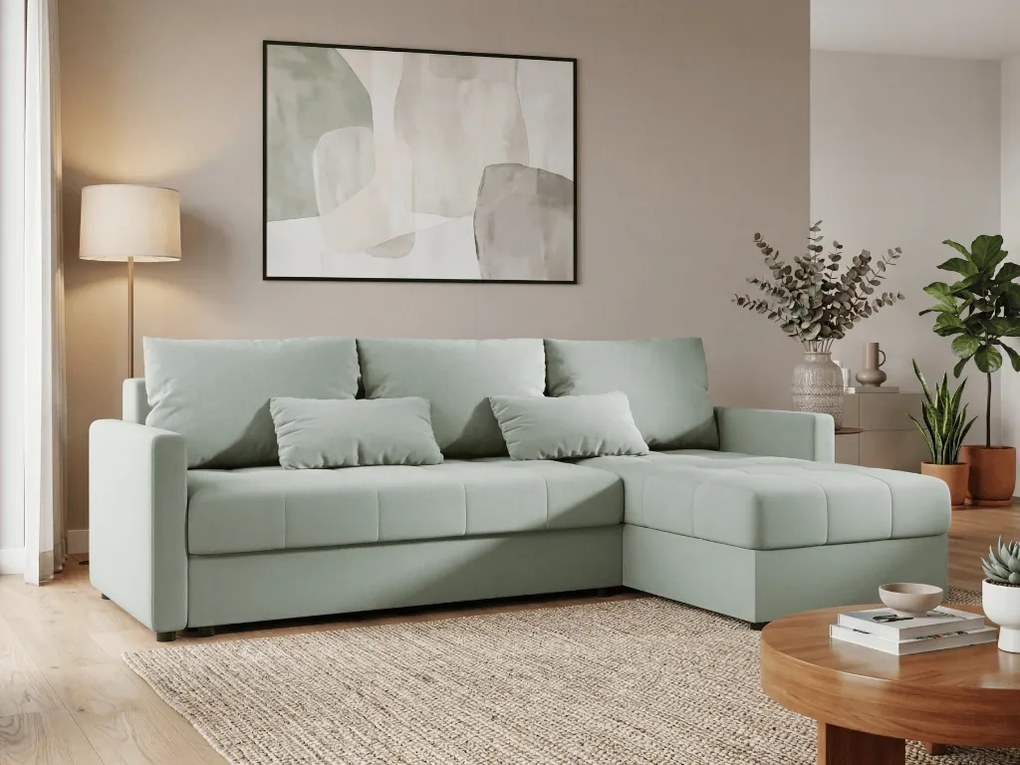 VENORIA L alakú kihúzható sarokkanapé, 220x143 cm, világoszöld + 2 párna INGYEN