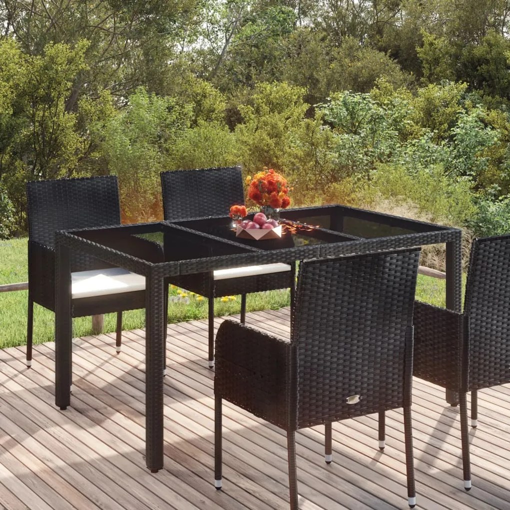 vidaXL fekete polyrattan üveglapos kerti asztal 150 x 90 x 75 cm