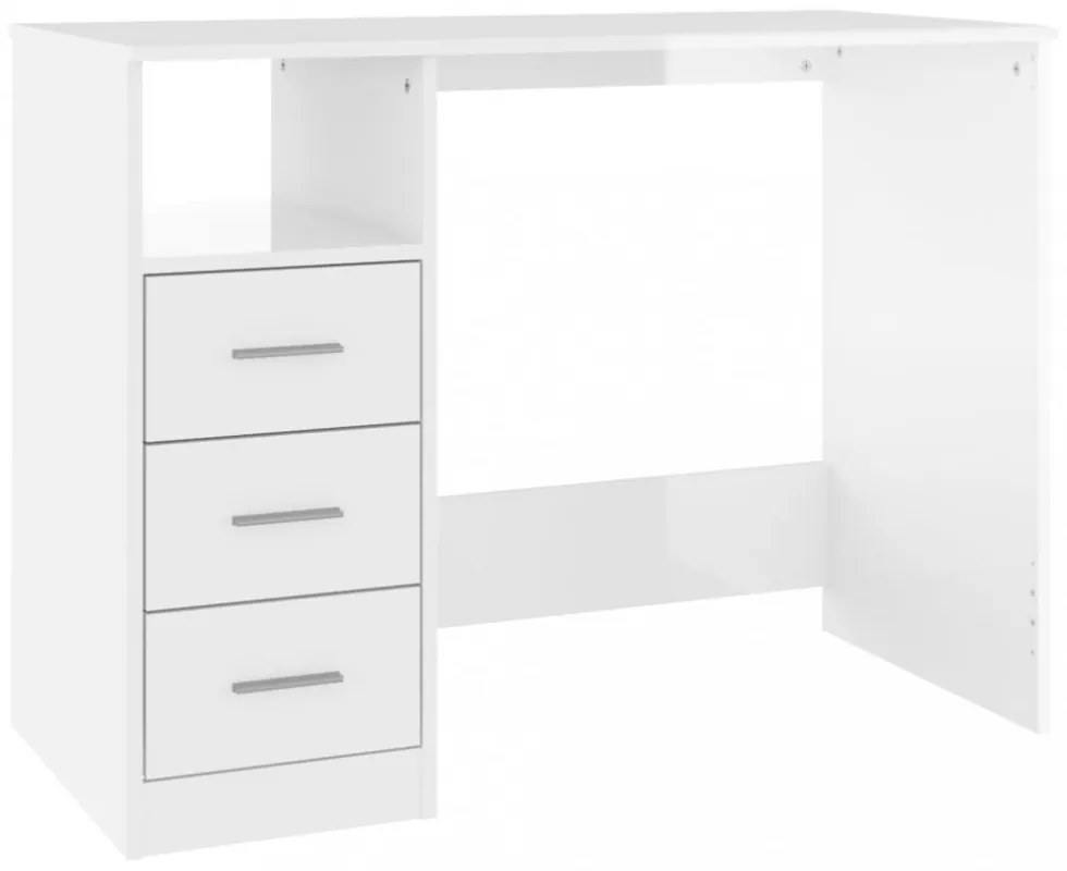 magasfényű fehér szerelt fa íróasztal fiókokkal 102x50x76 cm