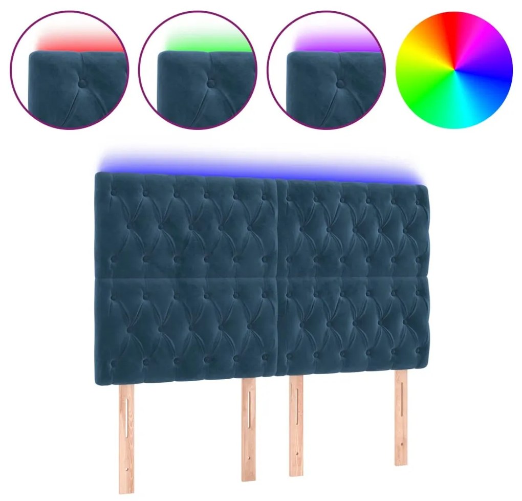 sötétkék bársony LED-es fejtámla 144x7x118/128 cm