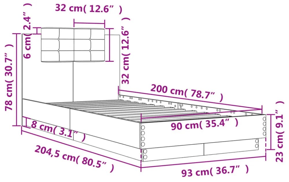 szürke sonoma színű szerelt fa ágykeret fejtámlával 90 x 200 cm
