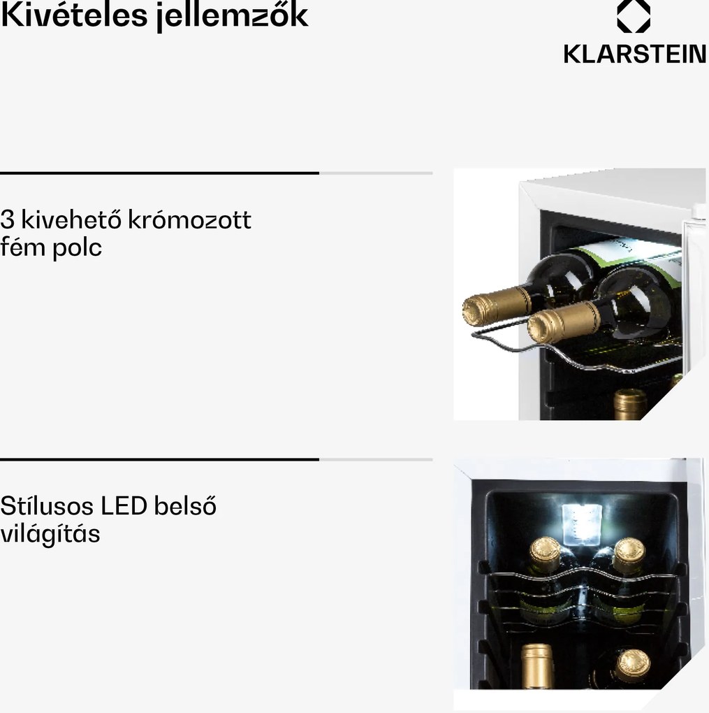 Klarstein Shiraz 12 Slim, borhűtő, 32 l, 12 palack, 85 W, 5–18°C, érintőképernyős kezelőpanel