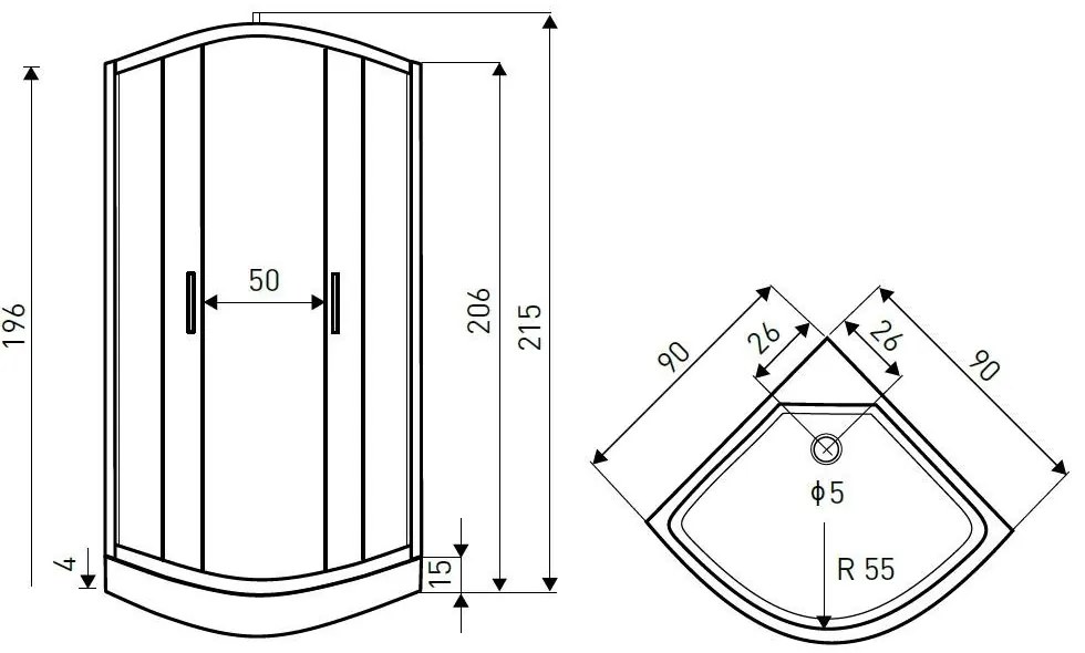 Petrus 90x90 cm íves hidromasszázs zuhanykabin