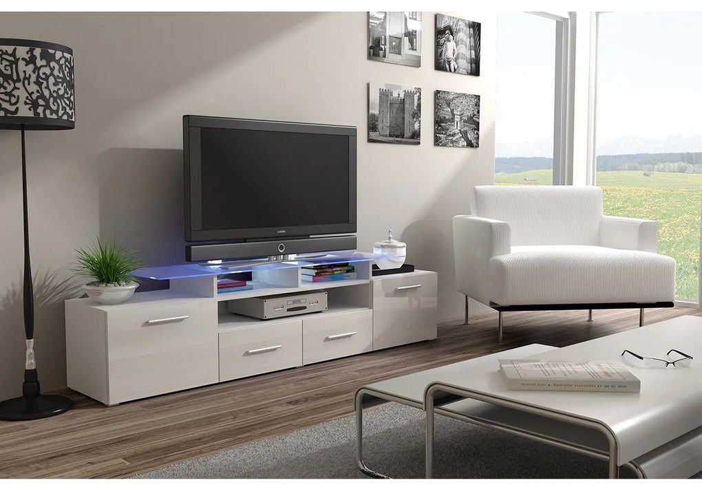 TV asztal + szekrény Blaise (fehér + fényes fehér) (fehér LED világítás). 1058808