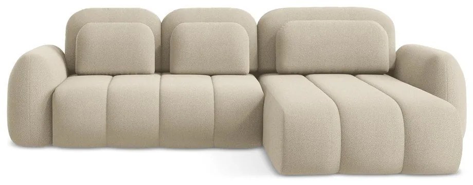 Világosbarna buklé kinyitható-tárolóhelyes sarokkanapé (jobb oldali-heverő résszel) Pele – Makamii