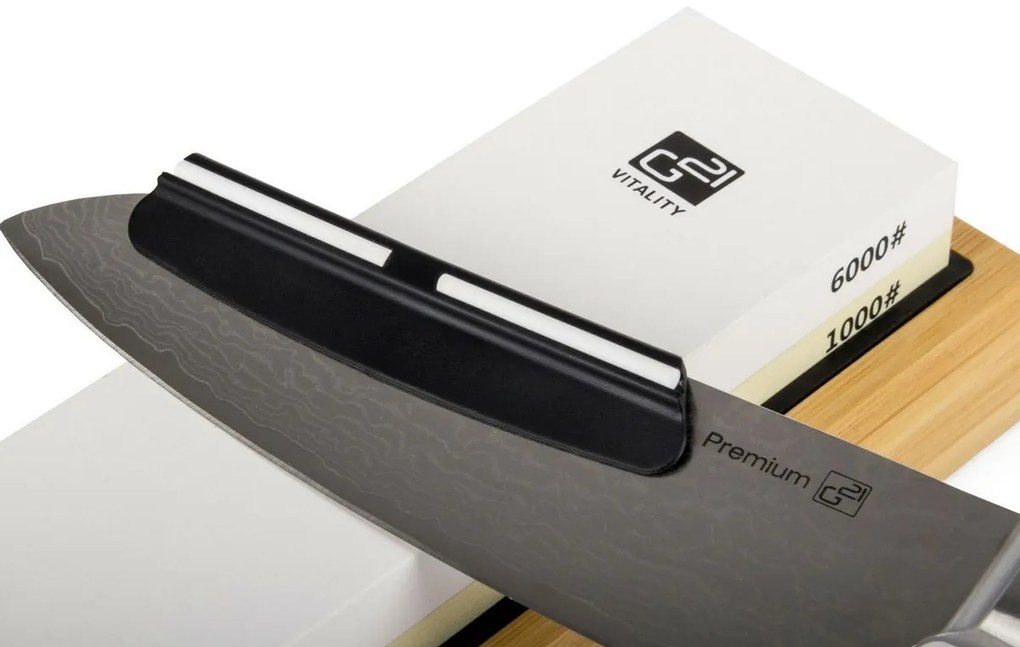 G21 Damascus Premium késkészlet bambusz blokkban, 4 db + élezőkő